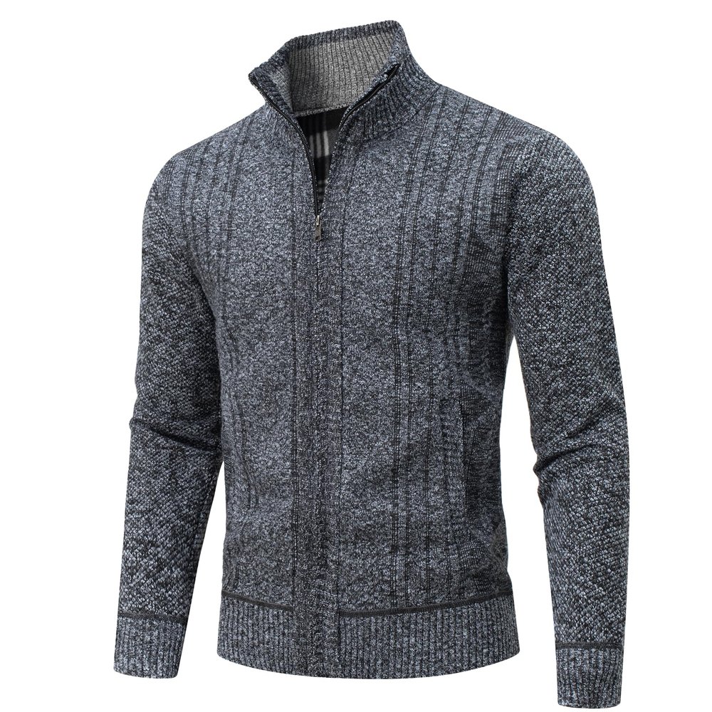AKuVoL Cardigan Sweaters for Men Full Zip Stand Collar Slim Fit Long Sleeve Knitted Chunky Sweater with Pockets Dark Grey L