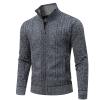 AKuVoL Cardigan Sweaters for Men Full Zip Stand Collar Slim Fit Long Sleeve Knitted Chunky Sweater with Pockets Dark Grey L view 1