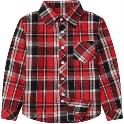 Betusline Girls' Plaid Flannel Shirt, Kids Long Sleeve Button Button Shirts Tops,F Red & Black #13-4 Years= Tag 110