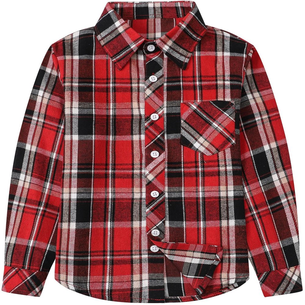 Betusline Girls' Plaid Flannel Shirt, Kids Long Sleeve Button Button Shirts Tops,F Red & Black #13-4 Years= Tag 110