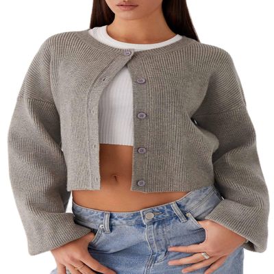 NUFIWI Women Y2k Knit Crop Cardigan Button Down Open Front Lightweight Shrug Sweater Long Sleeve Knitted Cropped Outwear(Casual Light Gray,S)