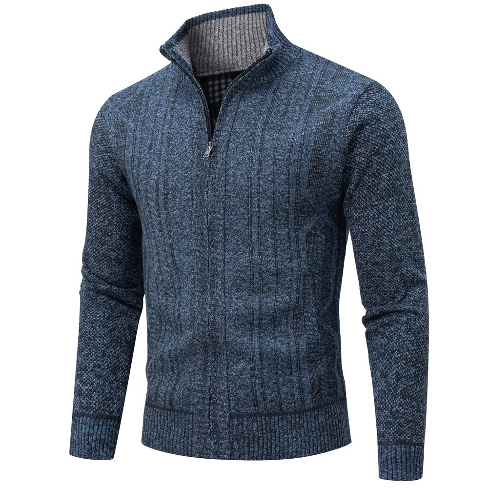 AKuVoL Men's Full Zip Cardigan Sweater Stand Collar Slim Fit Long Sleeve Fall Winter Knitwear with Pockets Navy Blue L
