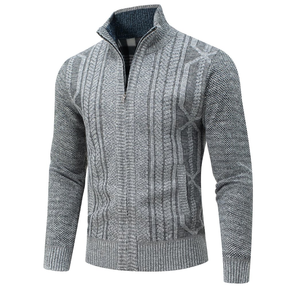 AKuVoL Men's Zipper Sweater no Hood Cardigan Cable Knit Long Sleeve Stand Collar Full Zipper Outerwear Light Grey S