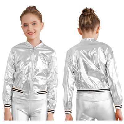JEYPINMI Kids Girls Bomber Jacket Long Sleeve Jazz Dance Crop Top Zipper Coat Outerwear Sparkle Clubwear Silver 8 Years