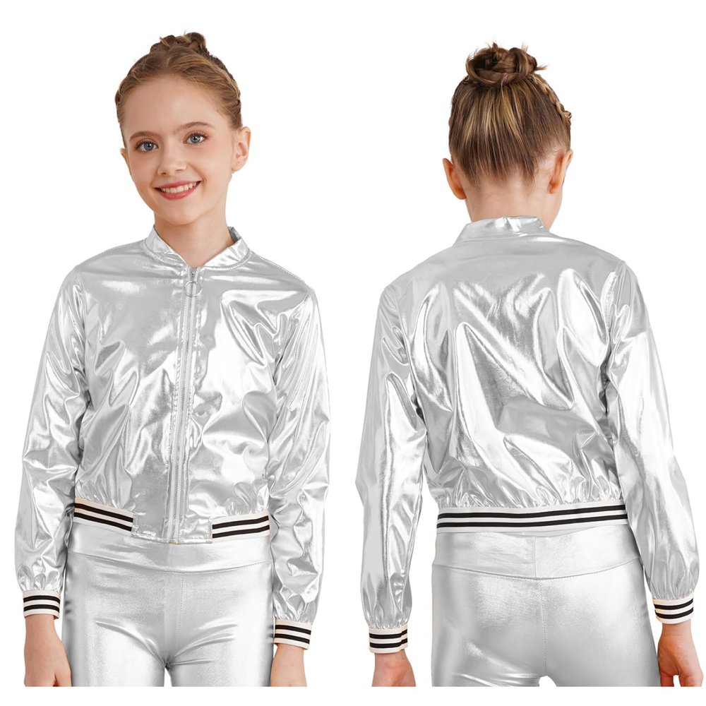 JEYPINMI Kids Girls Bomber Jacket Long Sleeve Jazz Dance Crop Top Zipper Coat Outerwear Sparkle Clubwear Silver 8 Years