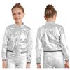 JEYPINMI Kids Girls Bomber Jacket Long Sleeve Jazz Dance Crop Top Zipper Coat Outerwear Sparkle Clubwear Silver 8 Years view 1