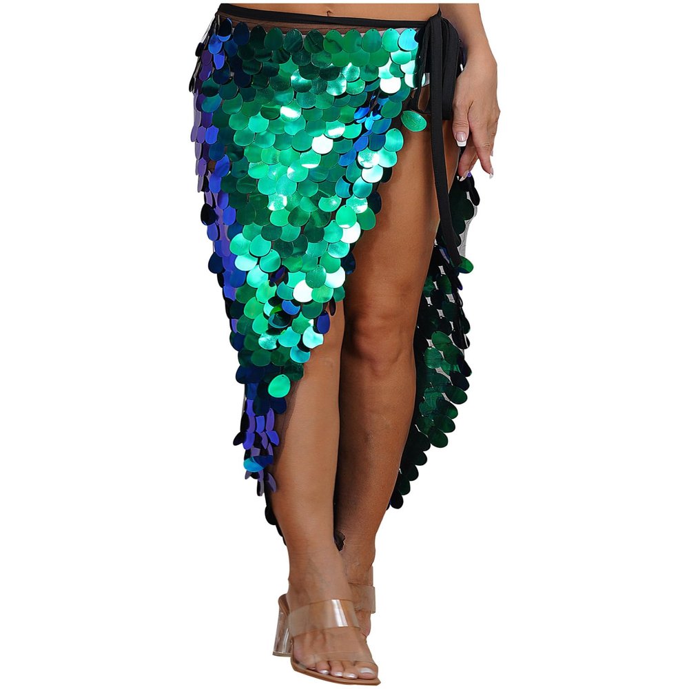 Oyolan Women's Halloween Belly Dance Long Hip Skirts Sparkly Sequin Lace-Up Mermaid Hip Scarf Skirt Green X-Large