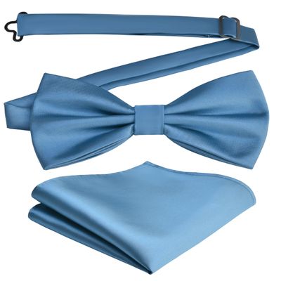 Branduce Mens Dusty Blue Bow Tie and Pocket Square Set for Wedding Silk Pre-tied Adjustable Bow tie Handkerchief (BB01-35)