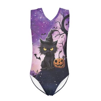 FOR U DESIGNS Girls' One-Piece Swimwear Black Purple Cat Pumpkin Print Halloween Bathing Suit Size 9-10 Cute One Piece Swimsuit for Teen Girls Padded Swimming Suit