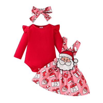 Honganda Newborn Baby Girl Christmas Outfit Long Sleeve Romper+Gingerbread Santa Suspender Skirt+Headband 3Pcs Clothes (Red, 3-6 Months)