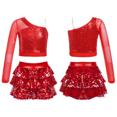 JEYPINMI Kids Girls Jazz Latin Ballroom Performance Costume 2 Piece Dance Outfit Sequin Ballet Dance Clothes Set Red 14 Years