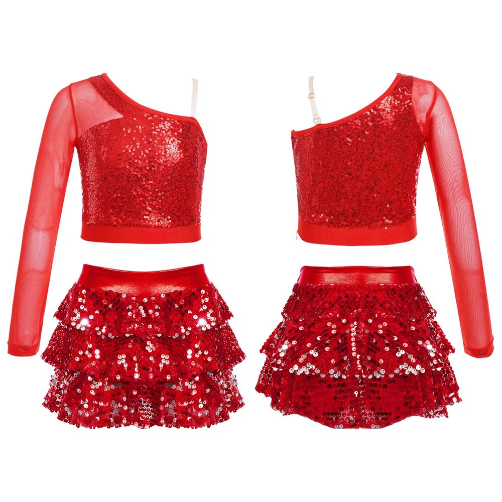 JEYPINMI Kids Girls Jazz Latin Ballroom Performance Costume 2 Piece Dance Outfit Sequin Ballet Dance Clothes Set Red 14 Years
