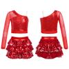 JEYPINMI Kids Girls Jazz Latin Ballroom Performance Costume 2 Piece Dance Outfit Sequin Ballet Dance Clothes Set Red 14 Years view 1