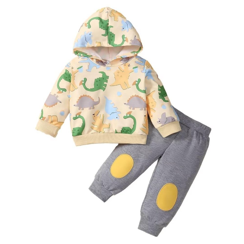 2T Boys Clothes Baby Boy Fall Clothes Baby Toddler Outfits Long Sleeve Hoodie Sweatshirts Tops Pants Set, Beige Boys Dinosaur Outft 2-3T