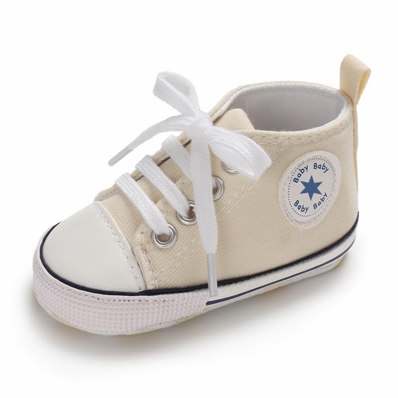 KKIIDDSS Unisex Baby Girls Boys Canvas High-top Shoes, Newborn Infant Anti-Slip Soft Sole Frist Walking Sneakers (A03/Beige,6-12 Months