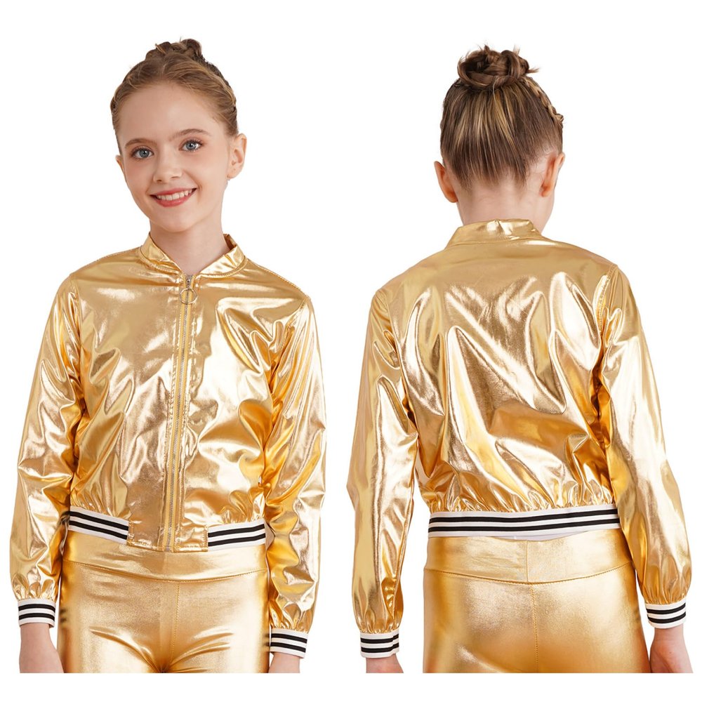 JEYPINMI Kids Girls Bomber Jacket Long Sleeve Jazz Dance Crop Top Zipper Coat Outerwear Sparkle Clubwear Gold 8 Years
