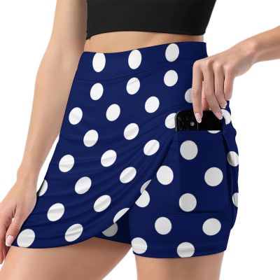 Polka Dot Blue White Shorts Skirt Woman Tenis Skirt Light Proof Trouser Skirts High Waist Single Pocket A Line Workout Skorts
