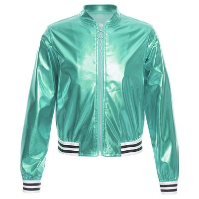 FEESHOW Girls Boys Sequined Metallic Bomber Jacket Zip Up Coat Outerwear for Hip Hop Jazz Sports Diaco Party Wear Blue Green 14 Years