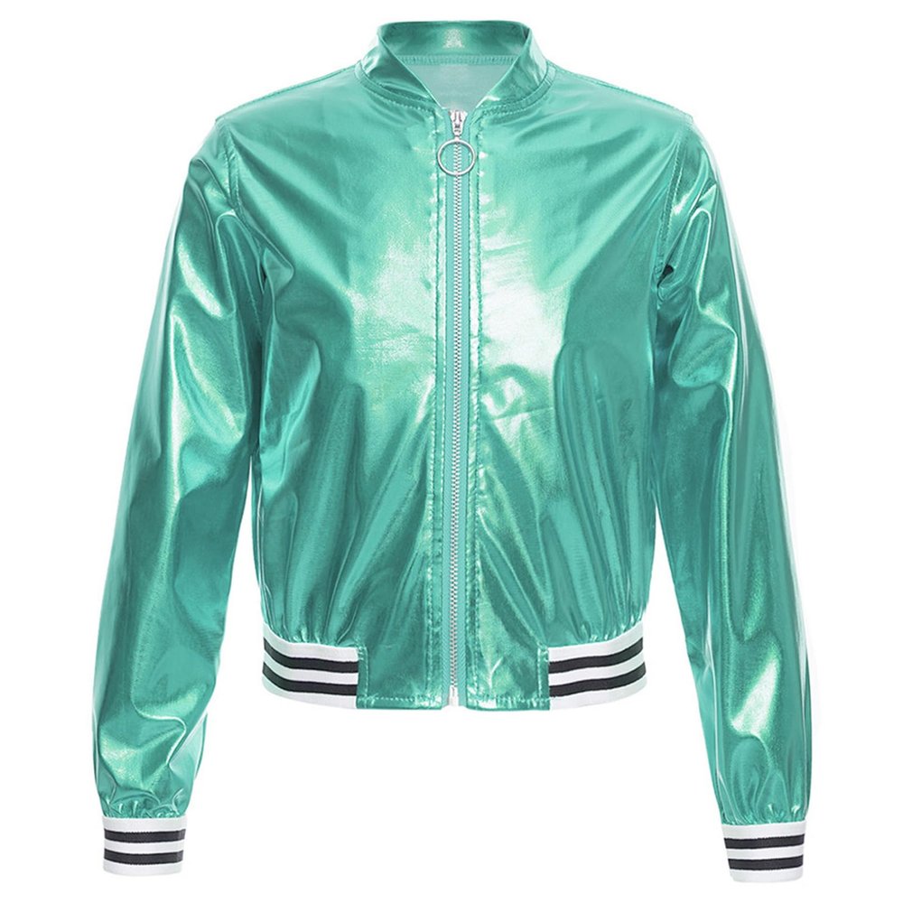 FEESHOW Girls Boys Sequined Metallic Bomber Jacket Zip Up Coat Outerwear for Hip Hop Jazz Sports Diaco Party Wear Blue Green 14 Years