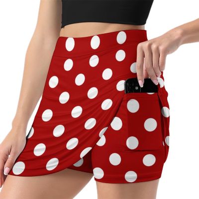 TVCATYE Polka Dots Red White Print Shorts Skirt Womens Golf Skort Light Proof Trouser Skirts High Waist Single Pocket A Line Exercise Skorts, Small