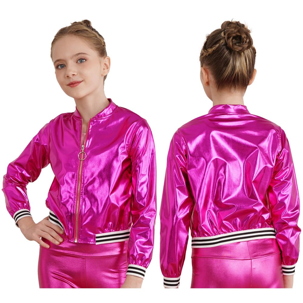 JEYPINMI Kids Girls Bomber Jacket Long Sleeve Jazz Dance Crop Top Zipper Coat Outerwear Sparkle Clubwear Rose 8 Years