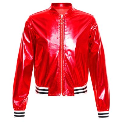 FEESHOW Girls Boys Sequined Metallic Bomber Jacket Zip Up Coat Outerwear for Hip Hop Jazz Sports Diaco Party Wear Red 12 Years
