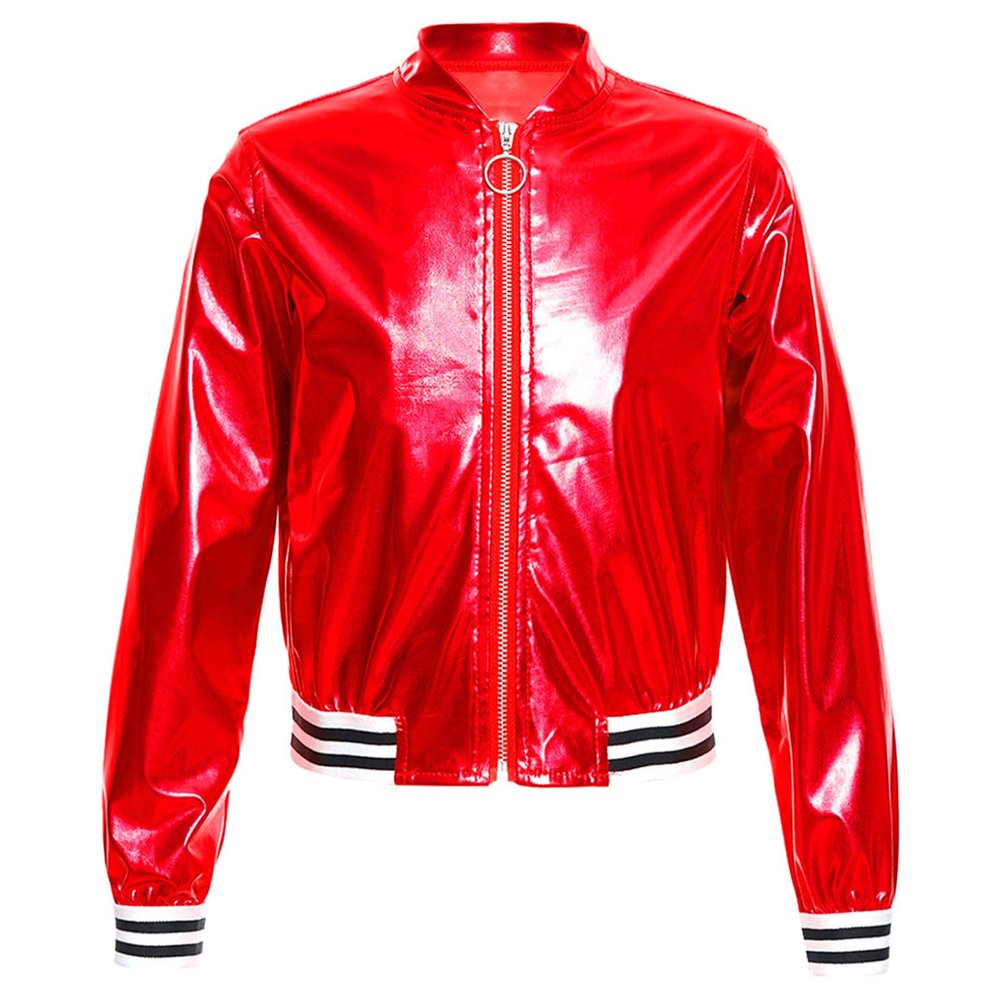 FEESHOW Girls Boys Sequined Metallic Bomber Jacket Zip Up Coat Outerwear for Hip Hop Jazz Sports Diaco Party Wear Red 12 Years