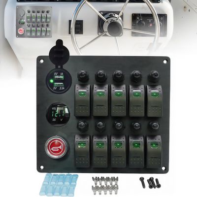 10 Gang Marine Rocker Switch Panel with Fuses, LED Voltmeter Dual USB Car Charger Power Socket Boat Horn Button 12V 24V RV Waterproof Switch Panel with Breakers for Truck Automotive (Green)