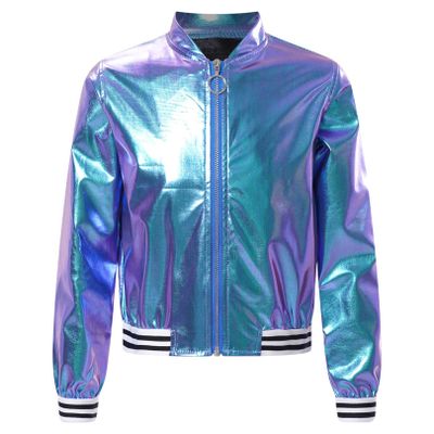FEESHOW Girls Boys Sequined Metallic Bomber Jacket Zip Up Coat Outerwear for Hip Hop Jazz Sports Diaco Party Wear Colorful 8 Years