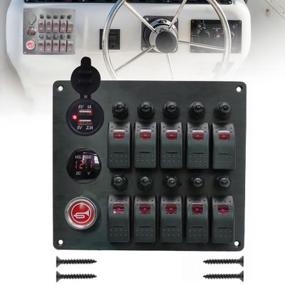 10 Gang RV Rocker Switch Panel with Horn Button Voltmeter Dual USB Power Outlet Socket 12V 24V Marine Waterproof Switch Panel with Fuse Circuit Breaker for Boat Bus Truck Automotive (Red)