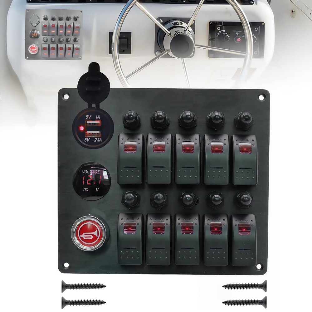10 Gang RV Rocker Switch Panel with Horn Button Voltmeter Dual USB Power Outlet Socket 12V 24V Marine Waterproof Switch Panel with Fuse Circuit Breaker for Boat Bus Truck Automotive (Red)