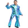 Sinleey Mens Shiny Metallic Disco Party Jumpsuit Full Body Bodysuit Flare Pants Bell-bottoms Hippie Rompers Blue Medium view 3