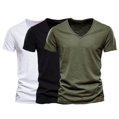 1/2/3 Pack Cotton Shirt for Men Short Sleeve V Neck Summer Casual T-Shirts Soft Comfortable Slim Basic Tee Tops (Green/Black/White,M)