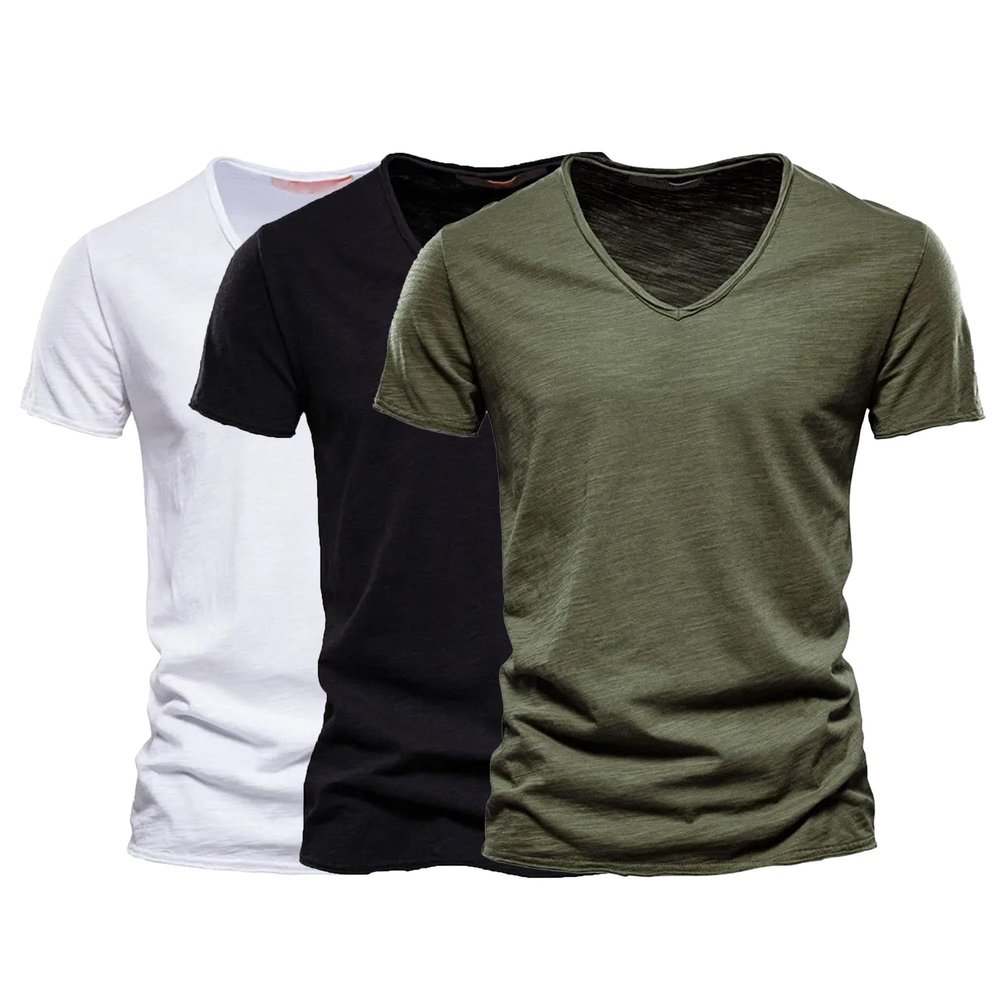 1/2/3 Pack Cotton Shirt for Men Short Sleeve V Neck Summer Casual T-Shirts Soft Comfortable Slim Basic Tee Tops (Green/Black/White,M)