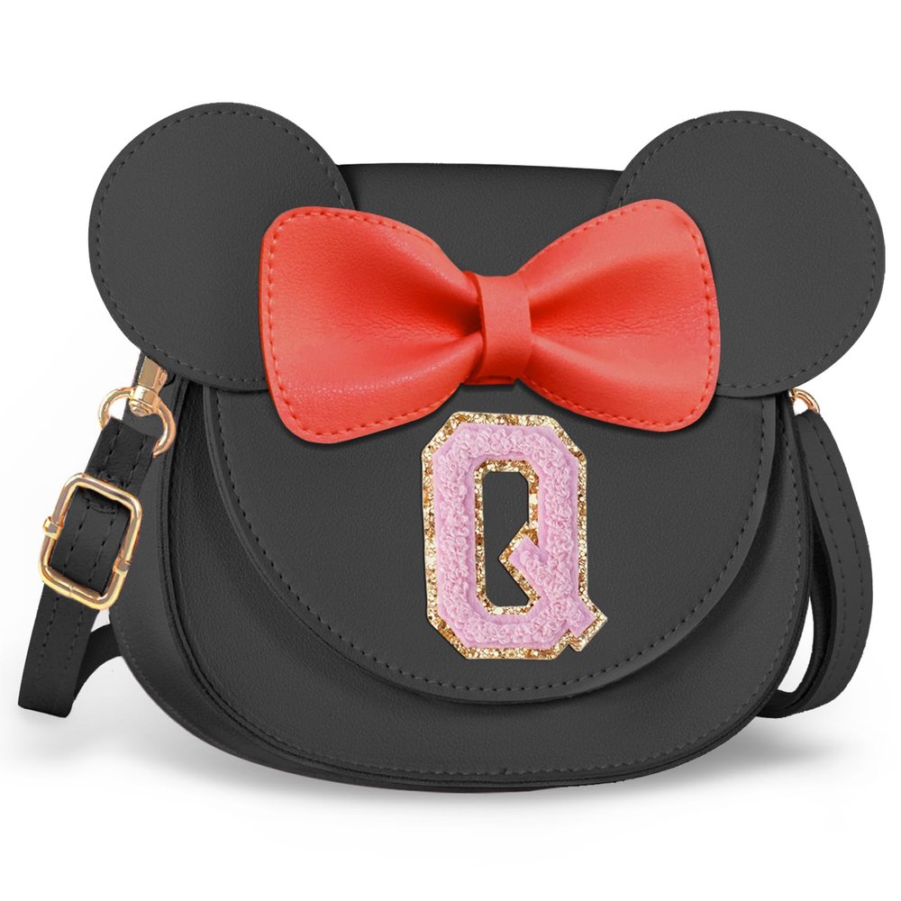 Aganmi Unique Toddler Purse Initial Letter Crossbody Bag for Girls Personalized 2 3 4 5 6 7 8 Year Old Girl Birthday Gift Cute Little Girls Purse Kids Wallet Small Ears Bow Purse (Black Q)