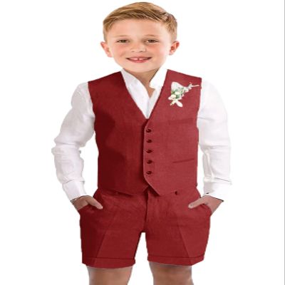 Boys Linen Vest Suit 3 Piece Summer Formal Dress Blue Kids Tuxedo Short Suits for Toddler Boy Beach Wedding Outfit Size 4