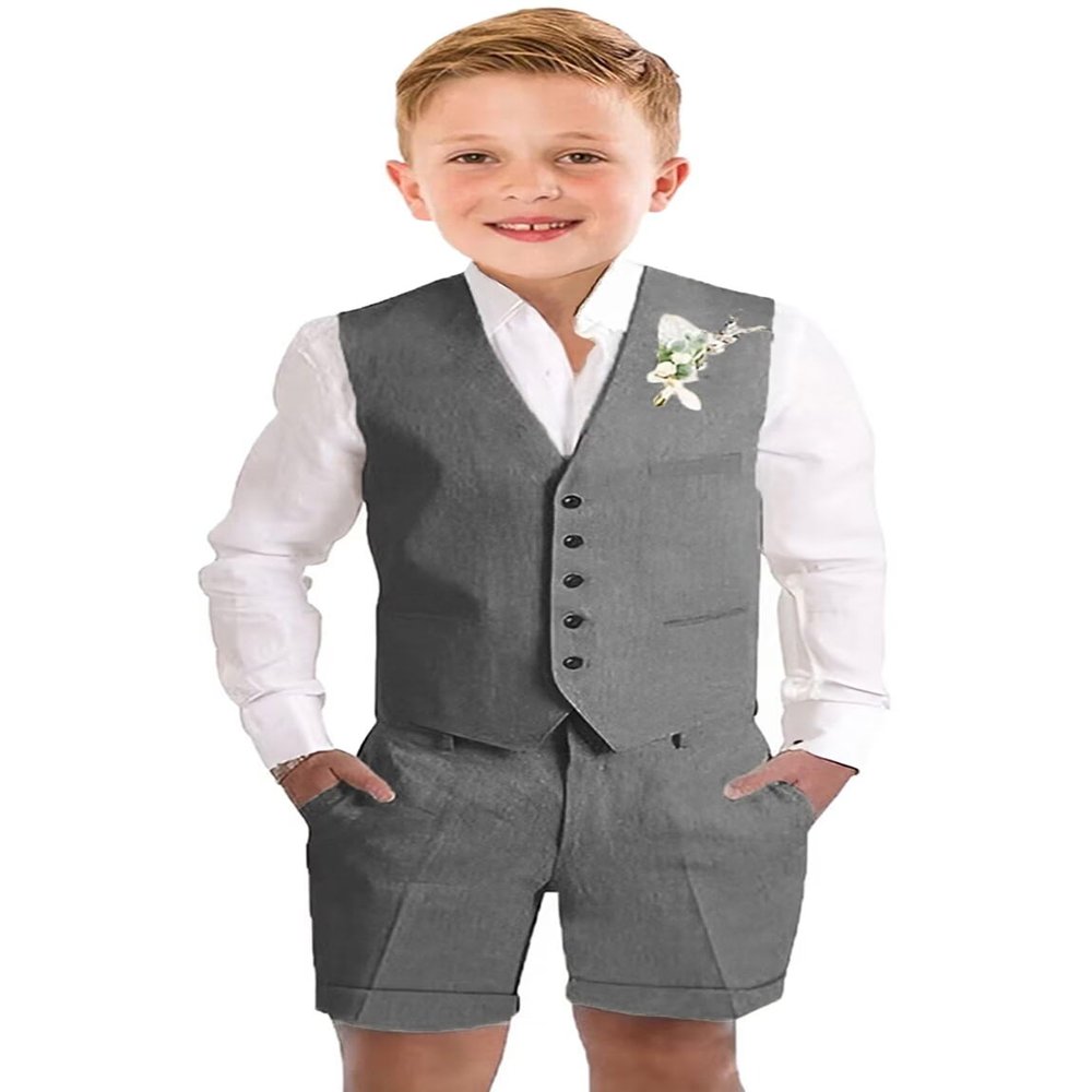 Kids Tuxedo Vest Suit for Toddler Boys Linen 3 Piece Set Casual Baby Boys Khaki Shorts Suit Beach Wedding Outfit Size 2t