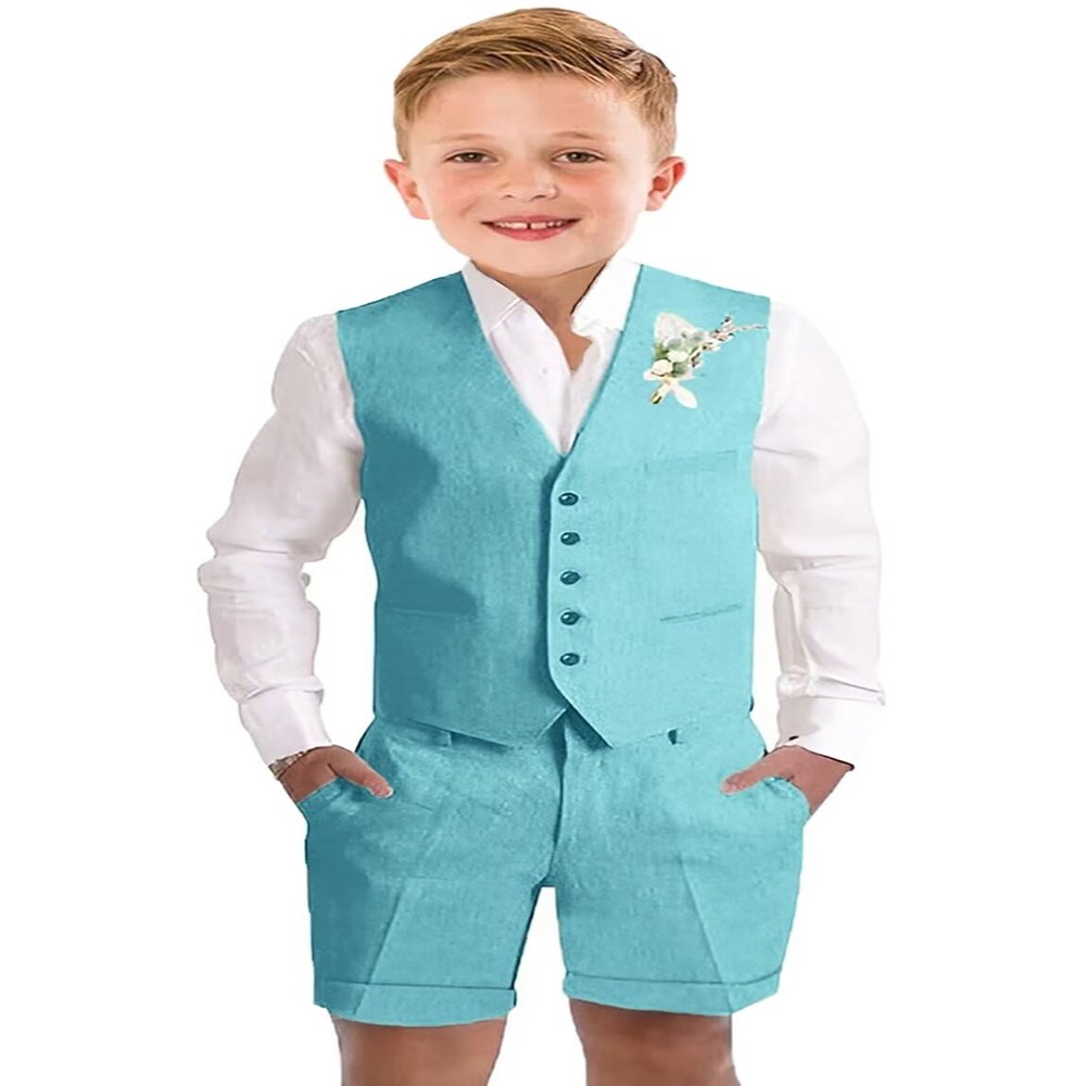 Boys Linen Short Suit Set Slim Fit Toddler Boys Casual Summer Outfit Wedding Suit Kids Tuxedo Suit Vest Shorts Pants Set Size 4 Cyan
