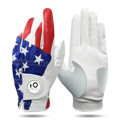 FINGER TEN Colorful Golf Gloves Men with Ball Marker 1 Pack, Stylish Gloves with Premium Durable Design, All Weather Grip Fit Size Small Medium ML Large XL (USA Flag, X-Large, Left)