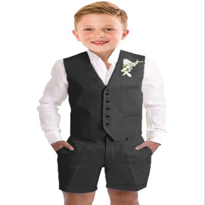 Summer Linen Short Suit for Boy Black Casual Beach Wedding Outfit Kids Formal Tuxedo Vest Suit Shorts 3 Pieces Dresswear Set 4