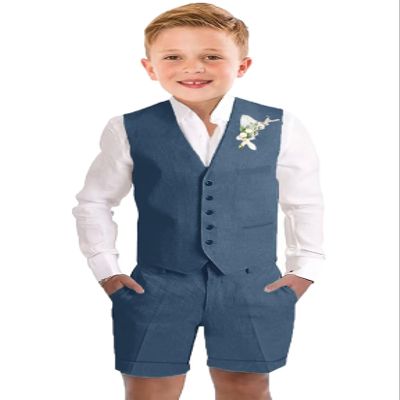 Linen Short Suits for Toddler Boys Summer Grey Vest Shorts Suit Set Casual 3 Piece Beach Wedding Party Tuxedo Outfit Size 2t
