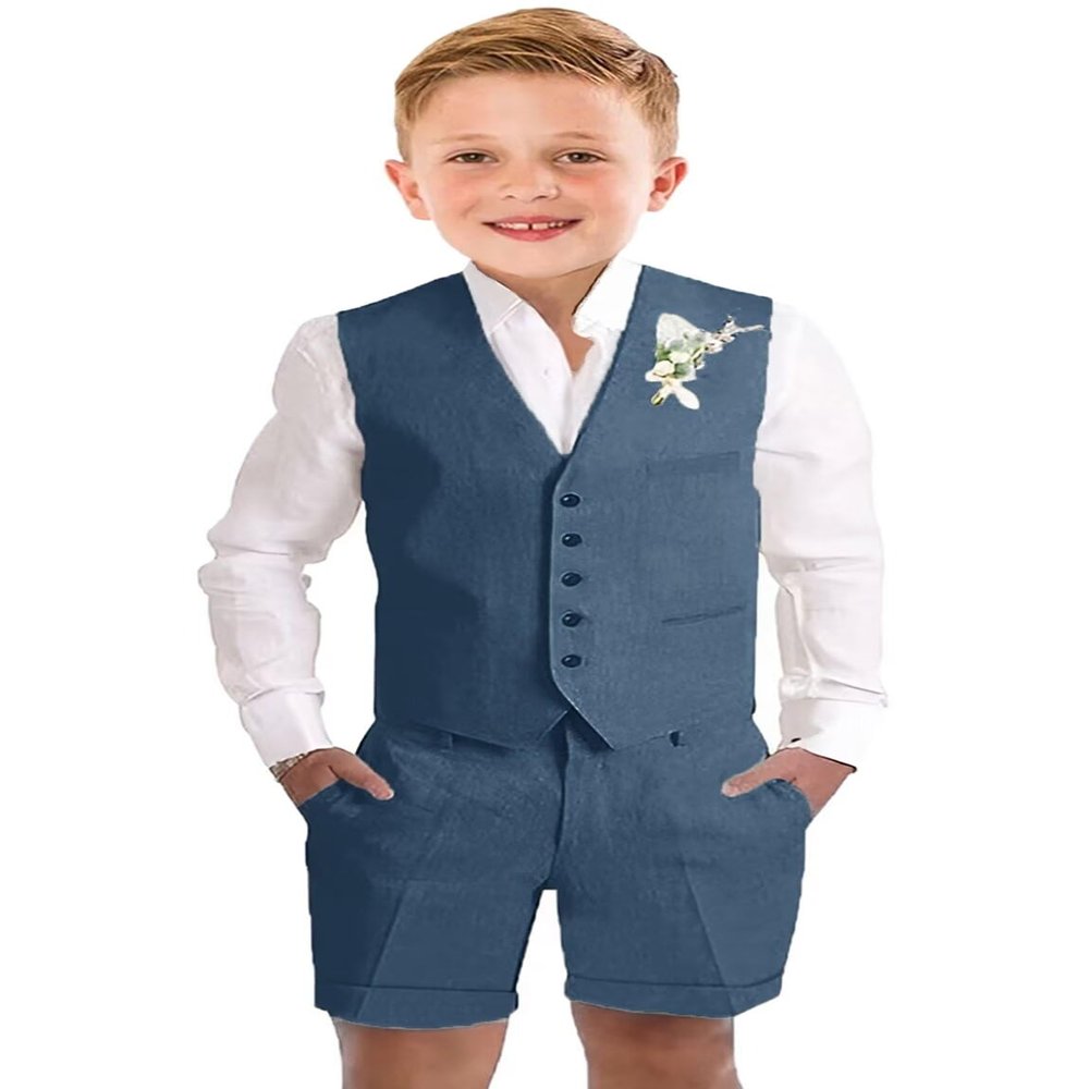 Linen Short Suits for Toddler Boys Summer Grey Vest Shorts Suit Set Casual 3 Piece Beach Wedding Party Tuxedo Outfit Size 2t