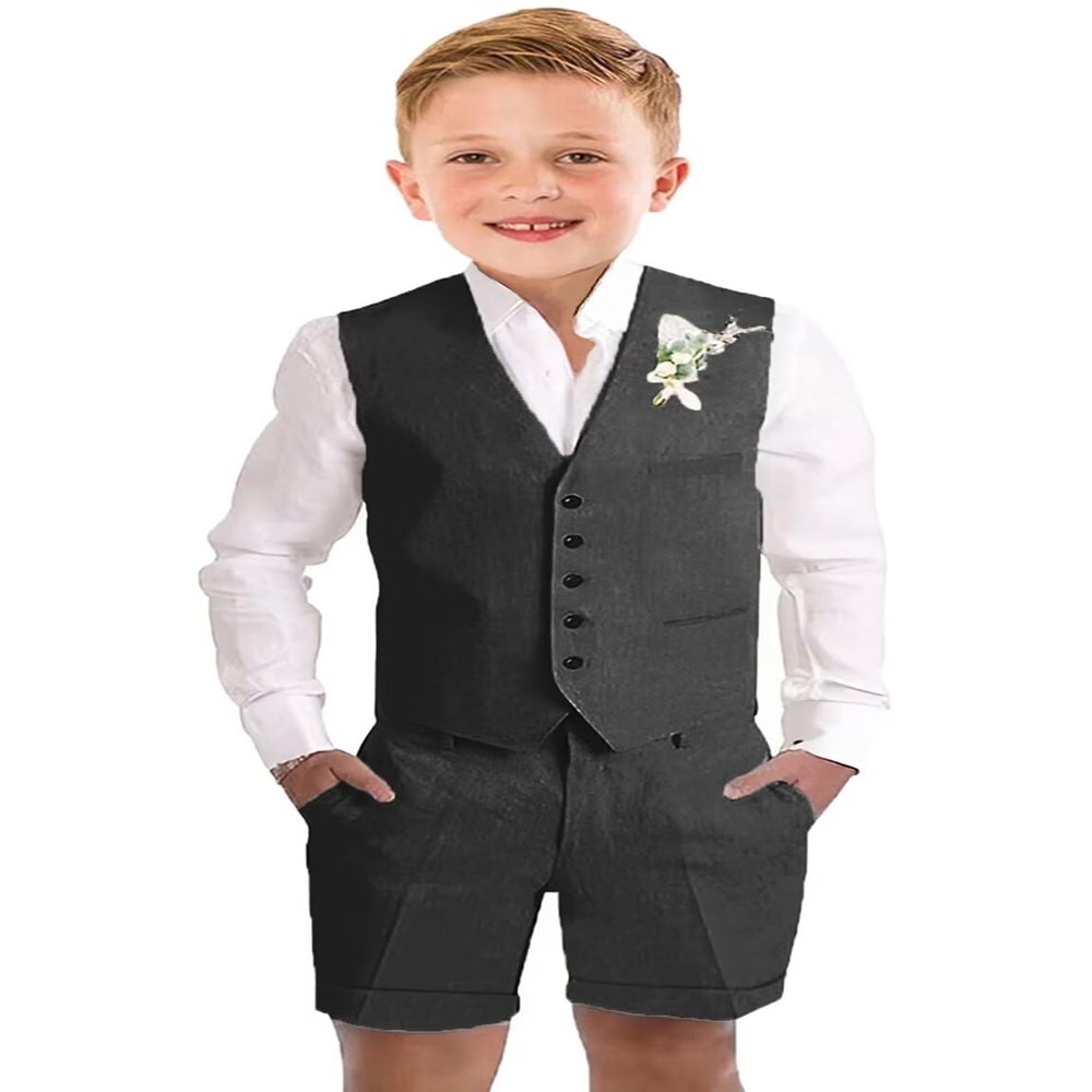 Boys Linen Suit Size 16 Teenager Black Shorts Suit for Boys Light Weight Beach Wedding Prom Tuxedo Teen Homecoming Vest Set