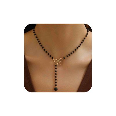 Aneneiceera Vintage Black Crystal Y Lariat Necklace Gold Hollow Bow Choker Necklace Black Rosary Bead Lariat Necklace Long Cz Drop Necklace Chain Jewelry for Women