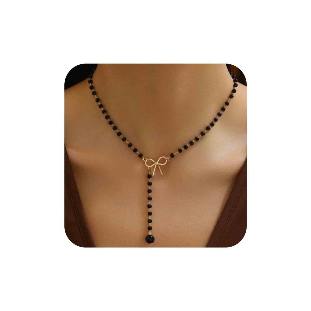 Aneneiceera Vintage Black Crystal Y Lariat Necklace Gold Hollow Bow Choker Necklace Black Rosary Bead Lariat Necklace Long Cz Drop Necklace Chain Jewelry for Women