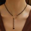 Aneneiceera Vintage Black Crystal Y Lariat Necklace Gold Hollow Bow Choker Necklace Black Rosary Bead Lariat Necklace Long Cz Drop Necklace Chain Jewelry for Women view 2