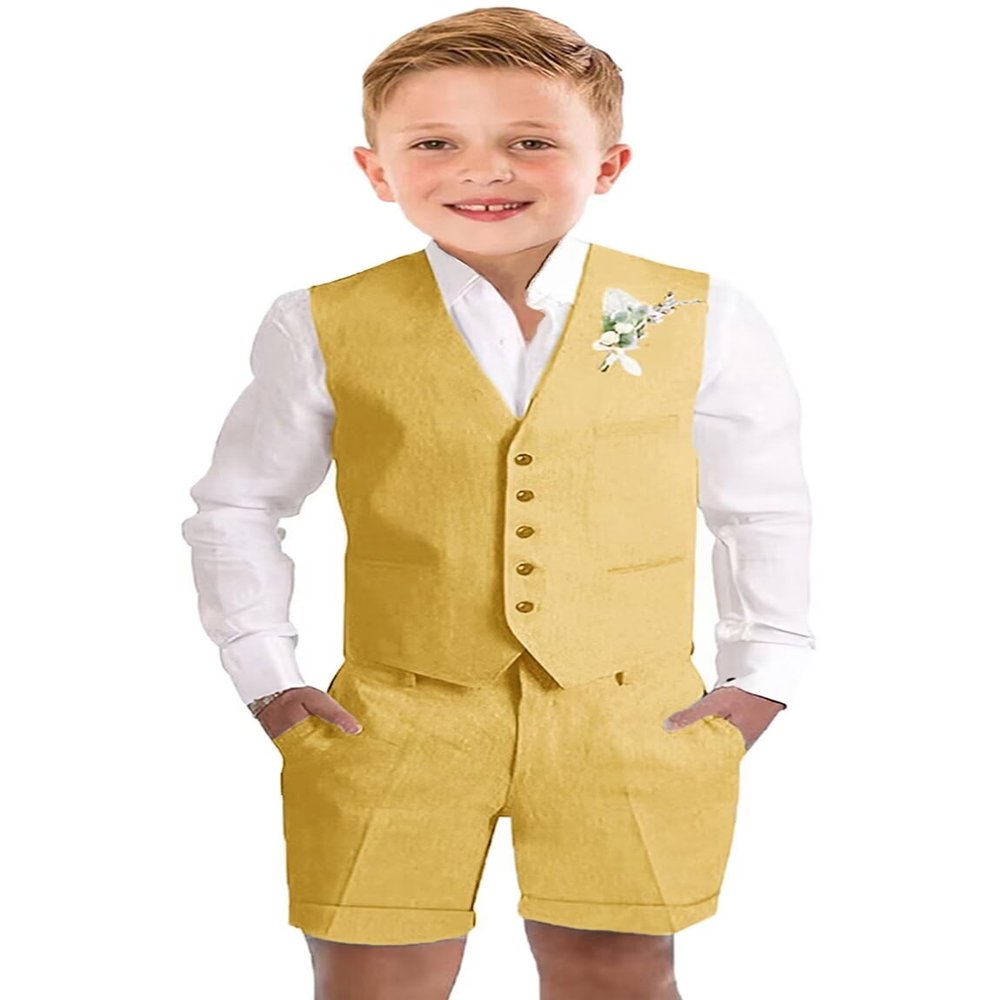 Boy Linen Vest Suits Formal 3 Pieces White Shorts Suit for Boys Beach Wedding Outfit Kids Prom Tuxedo Dresswear Set Size 5