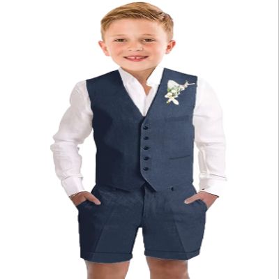 Kids Linen Short Suits for Teen Boys Dress Clothes Casual Wedding Prom Tuxedo Youth Back to School Vest Shorts Suits Size 20 Navy