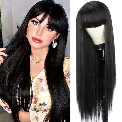 Luxclipse Long Straight Black Real Hair Wig with Bangs, Heat Resistant, Breathable, Capless, Glueless Human Hair Wigs for Daily Party and Costume Use (Black with Bangs)