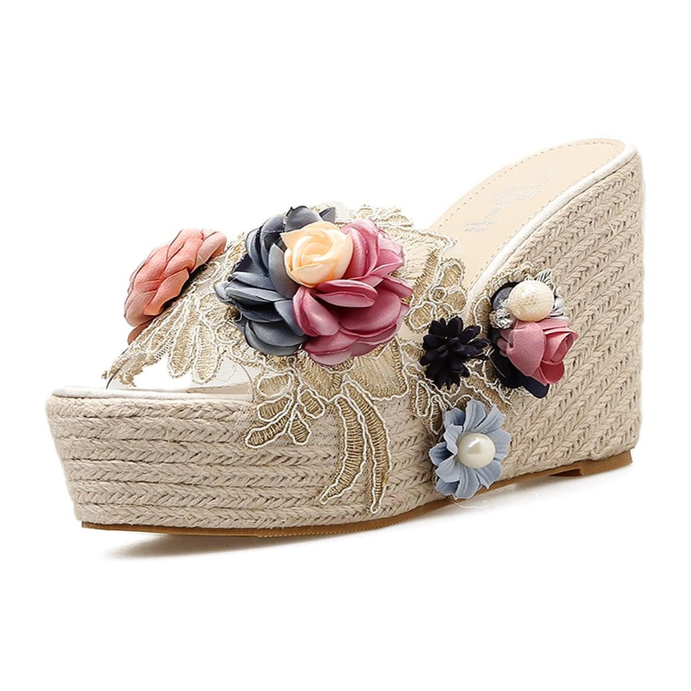 SACFOF Women's 3D Flower Woven Espadrille Wedge Sandals Slides Bohemia Casual Breathable Dress High Heels Platform Wedding Party Sandals